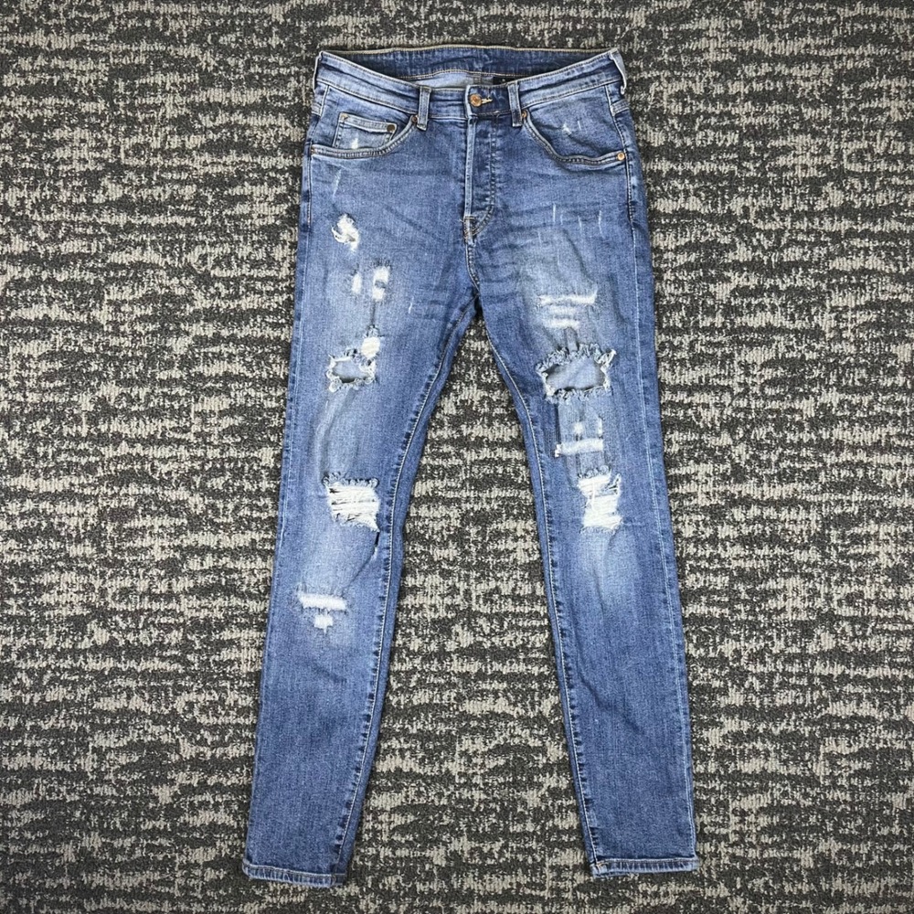 H&M &Denim Skinny Jeans Mens 32 Blue Distressed Ripped Button Fly 0576225 7